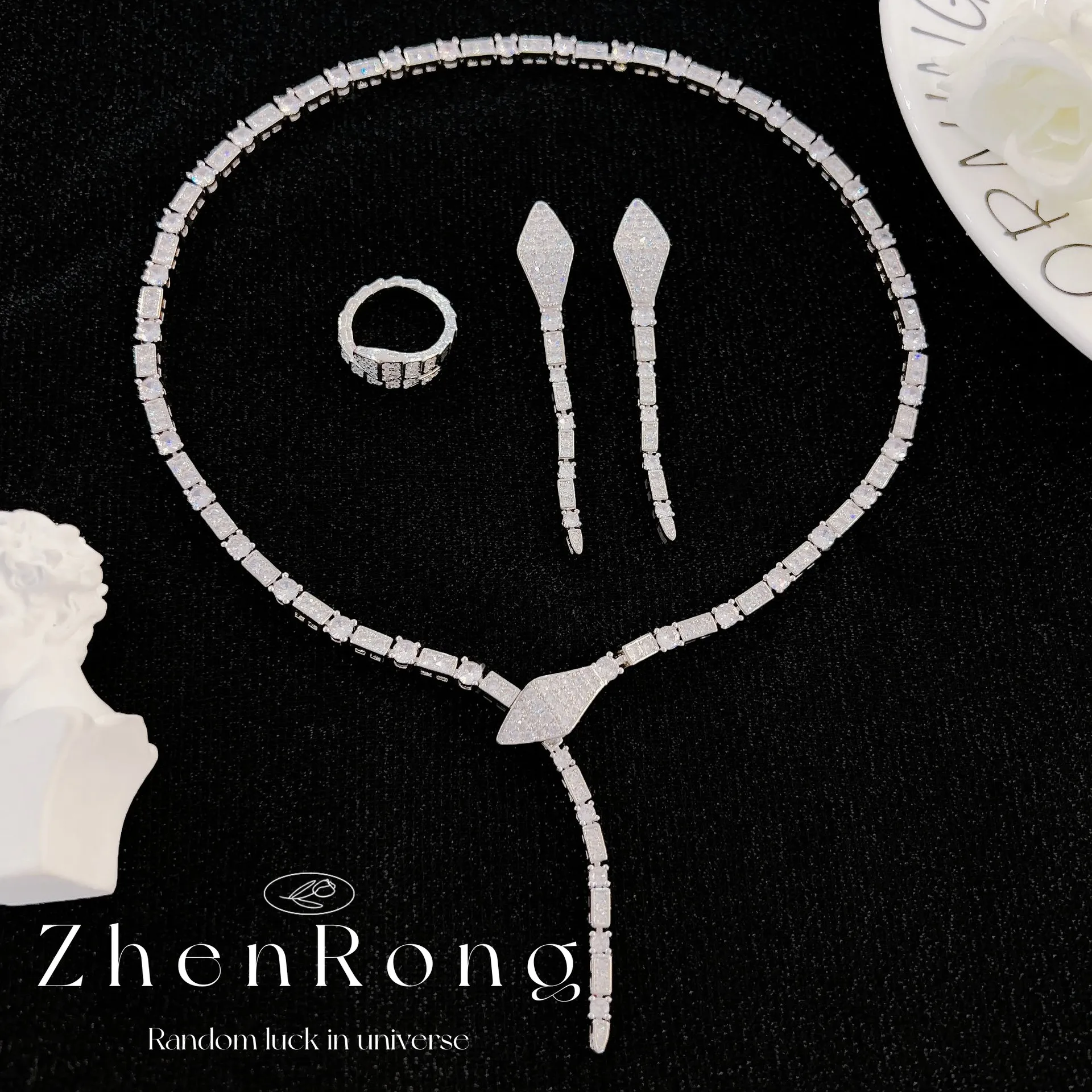 

925 Sterling Silver Personality Snake Shape Necklace Rings Earrings for Women Bling Cubic Zirconia Cocktail Party Jewelry Sets