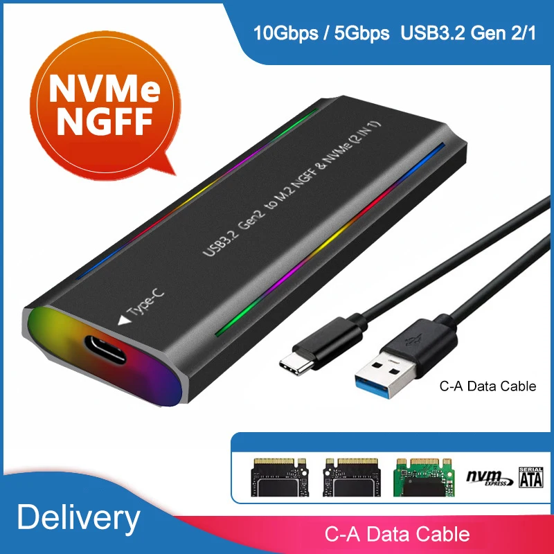 M.2 Solid State USB 3.1 NGFF&NVMe Protocol Hard Disk Box Type-C RGB Light Aluminum Alloy Mobile Hard Disk Box TNP07 external hard drive case ssd enclosure