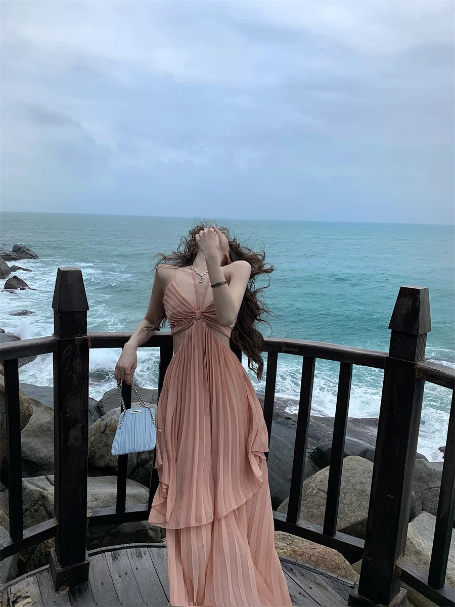 Summer New Fashion Sexy Pleated Holiday Beach Long Dresses for Women Vacation Spaghetti Strap A line Ladies Robe 2025 Sundress