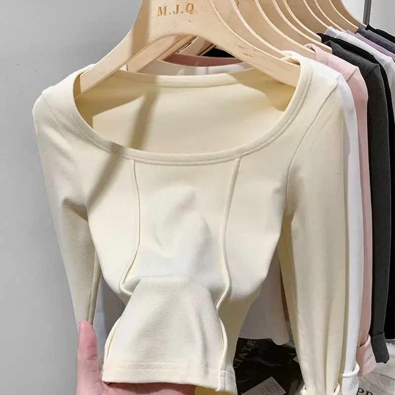 

Korean Fashion Solid Basic T Shirts Women Y2K Sexy Slim Elastic Crop Tops Female Casual Fleece Bottom Tee Autumn Winter