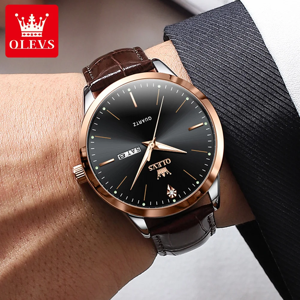 OLEVS Mens Watches Top Brand Luxury Leather Quartz Watch for Men Waterproof Luminous Week Date Business Watches Men Reloj Hombre