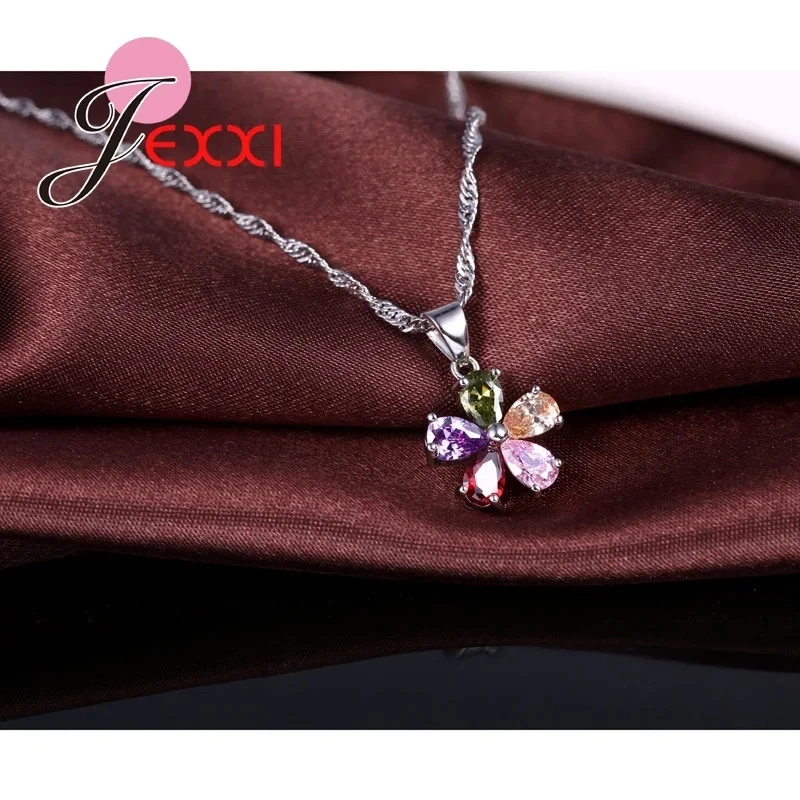 S925 Sterling Silber Österreichischen Bunte Kristall Zirkon Anhänger Halskette Creolen Ring Set für Frauen Partei Schmuck Geschenke – Detail 2