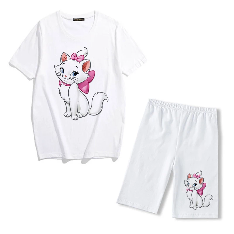 two piece sets Summer Fashion Disney Marie Cat Print Two Piece Set Women Tracksuit Casual Short Sleeve T Shirts And Biker Sports Shorts Outfits sweatpants set