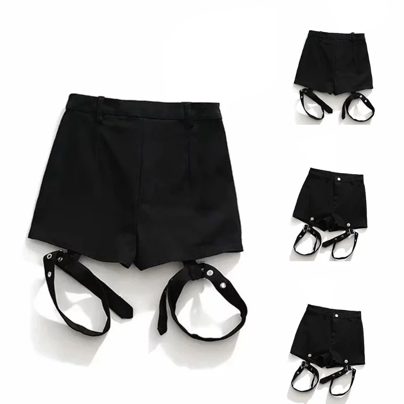 Women Gothic Punk Rock High Waist Black Shorts with Detachable Garter Belt Leg Ring Harajuku Slim Fitting Hot Pants women s belt harajuku handmade leather punk goth bdsm garters belt lingerie suspenders strap detachable o ring leg harness