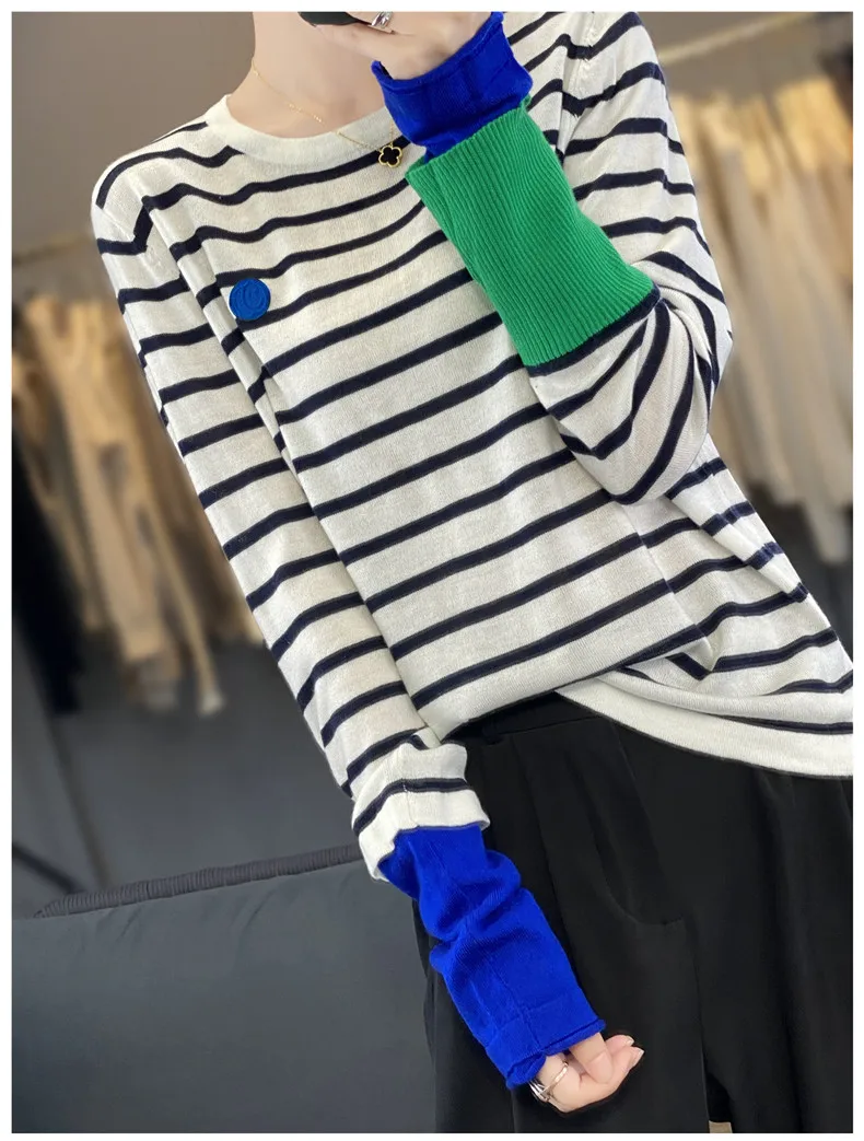 WinvyNee Women's Wool O Neck Long Sleeve Sweaters Striped Color Block Cuff Loose Fashion Spring Basic Knitted Top ZA1047014