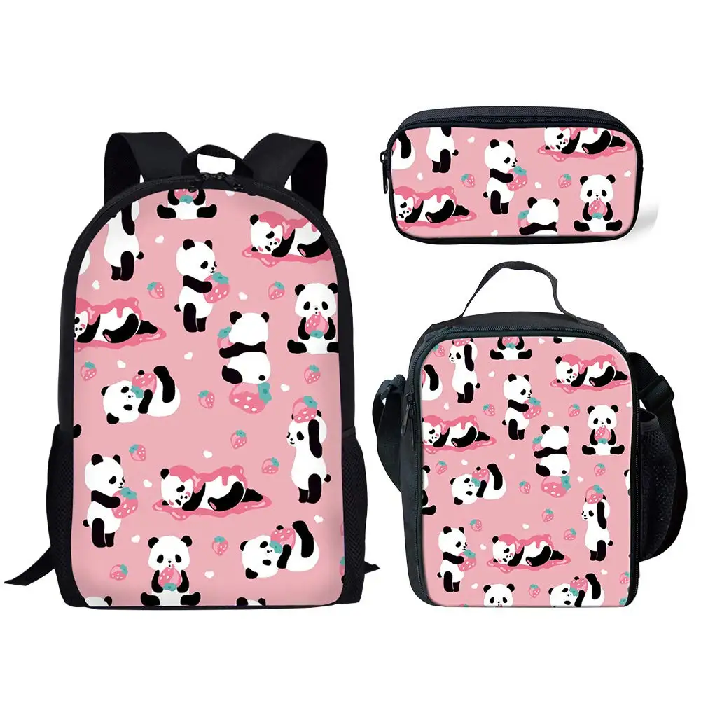 

Pink Strawberry Panda Printing Backpack Set for Teenagers Girls School Bag Cute Cartoon Kids Bookbag with Lunch Box Pencil Case