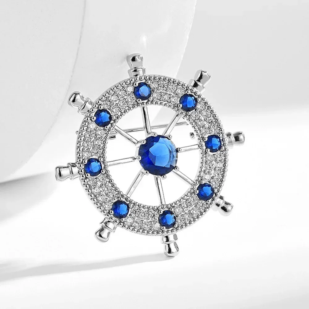 New Blue Crystal Rudder Brooch for Women Men Suit Shirt Badge Lapel Pins Personalized Jewelry Clothing Coat Accessories Gifts