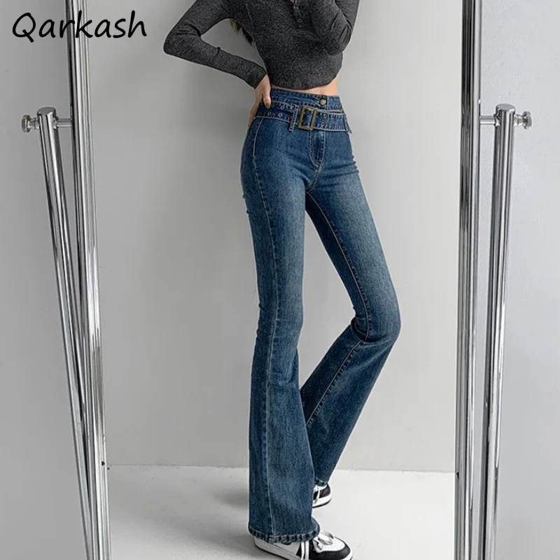 

Flare Jeans Women Belt Design Solid Washed High Waist Vintage Korean Style Fashion Daily Basic Full-length Casual Spring Chic