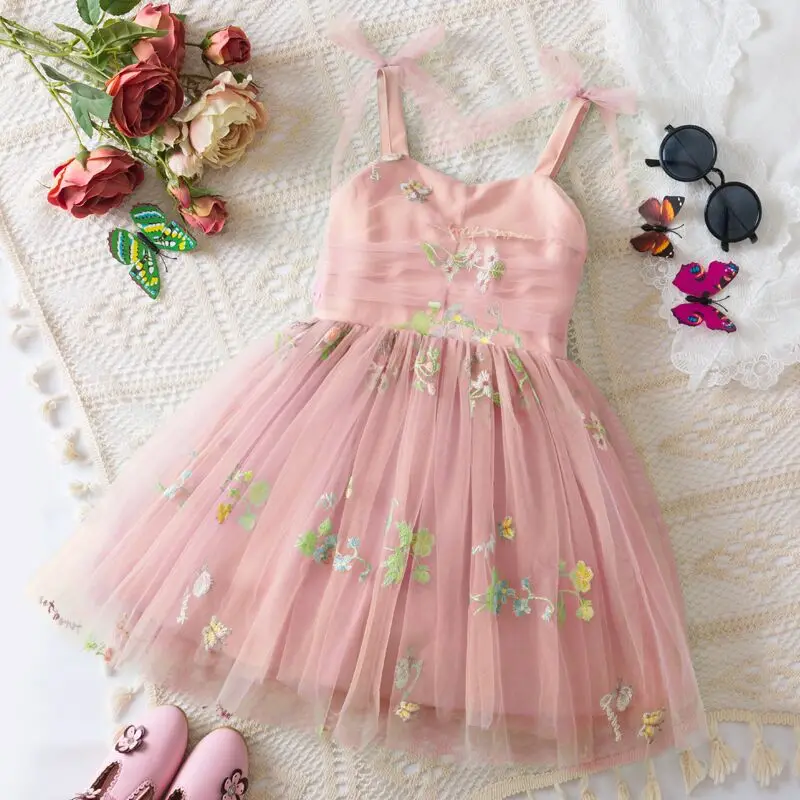 Summer New Baby Girl Dress Sweet Suspender Tulle Causal Princess Dress Flower Embroidery Bow Birthday Party Dress 1-5 Years 1