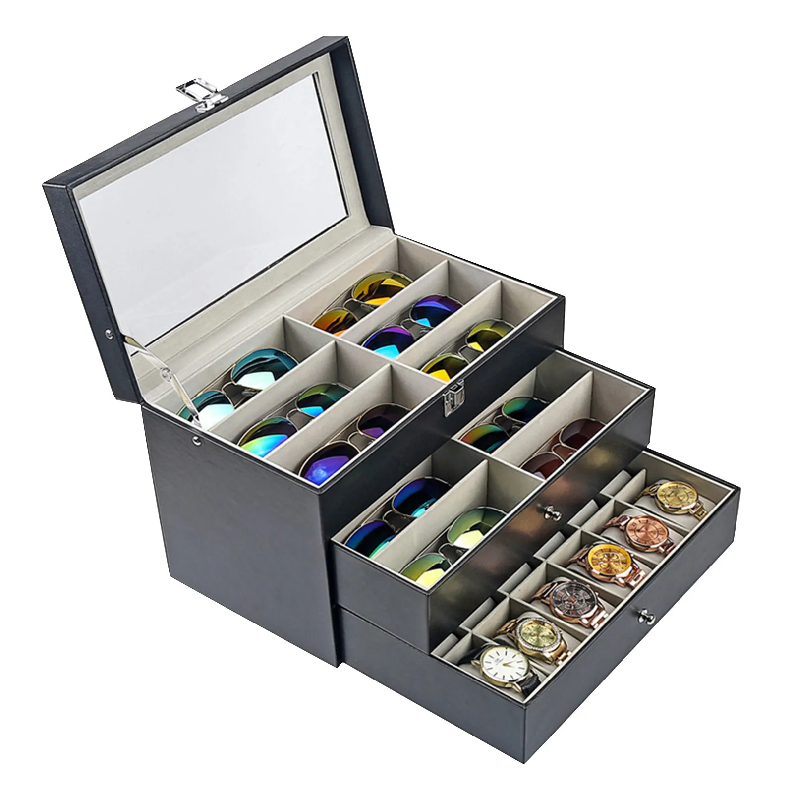 3-Layer Jewelry Display Case 24 Slots Sunglasses Watch Glass Jewelry Ring Display Box Black NEW