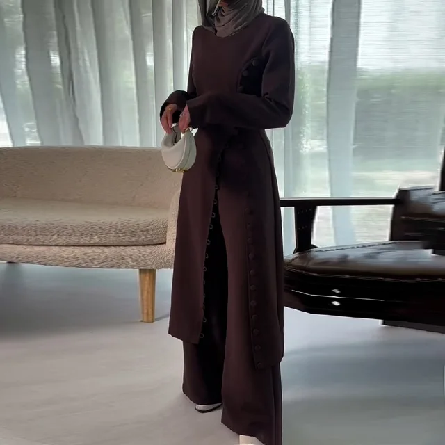 Ensemble deux pièces pour femmes, Robe longue, haut, pantalon à jambes larges, costume Ramadan marocain, dubaï, Islam, tenue arabe musulmane 1