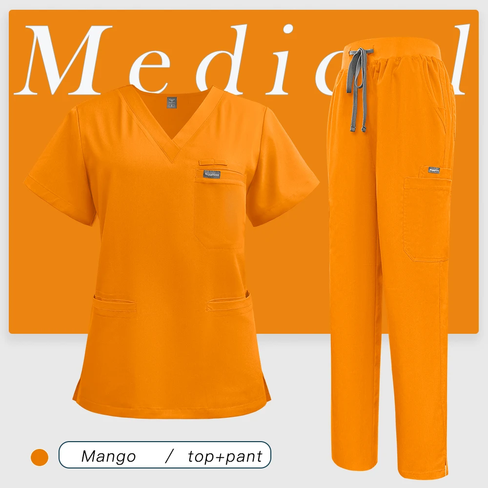 V-Neck Scrubs Top Straight Pants Uniforms Set Medical Nurse Uniforms Hospital Dentist Overalls Pharmacy Work Clothes Pocket Suit