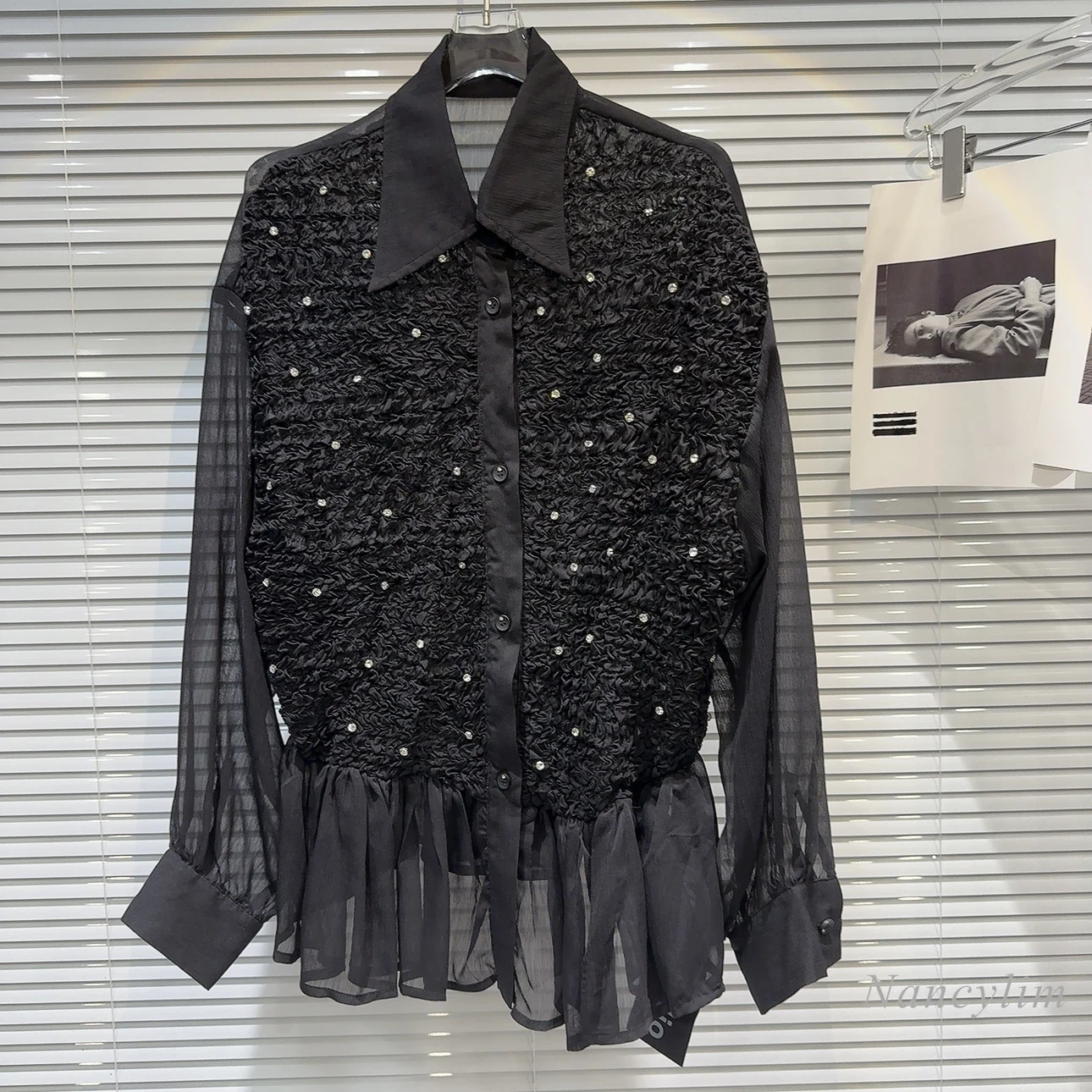 

Женская блузка в классическом стиле, плиссированная рубашка в стиле темного социалита с алмазными шипами, черный топ со складками, Новинка лета 2024