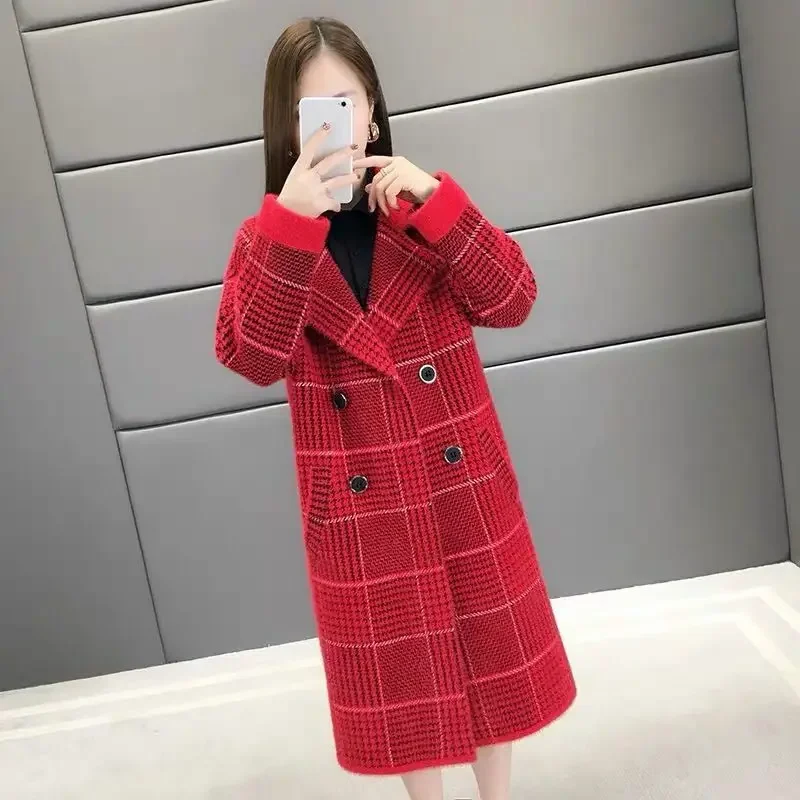 Imitation Mink Cashmere Coat Mid Long Faux Mink Velvet Jacket 2024 Winter Fall Loose Slim Thick Plaid Coat Soft Faux Fur Jackets