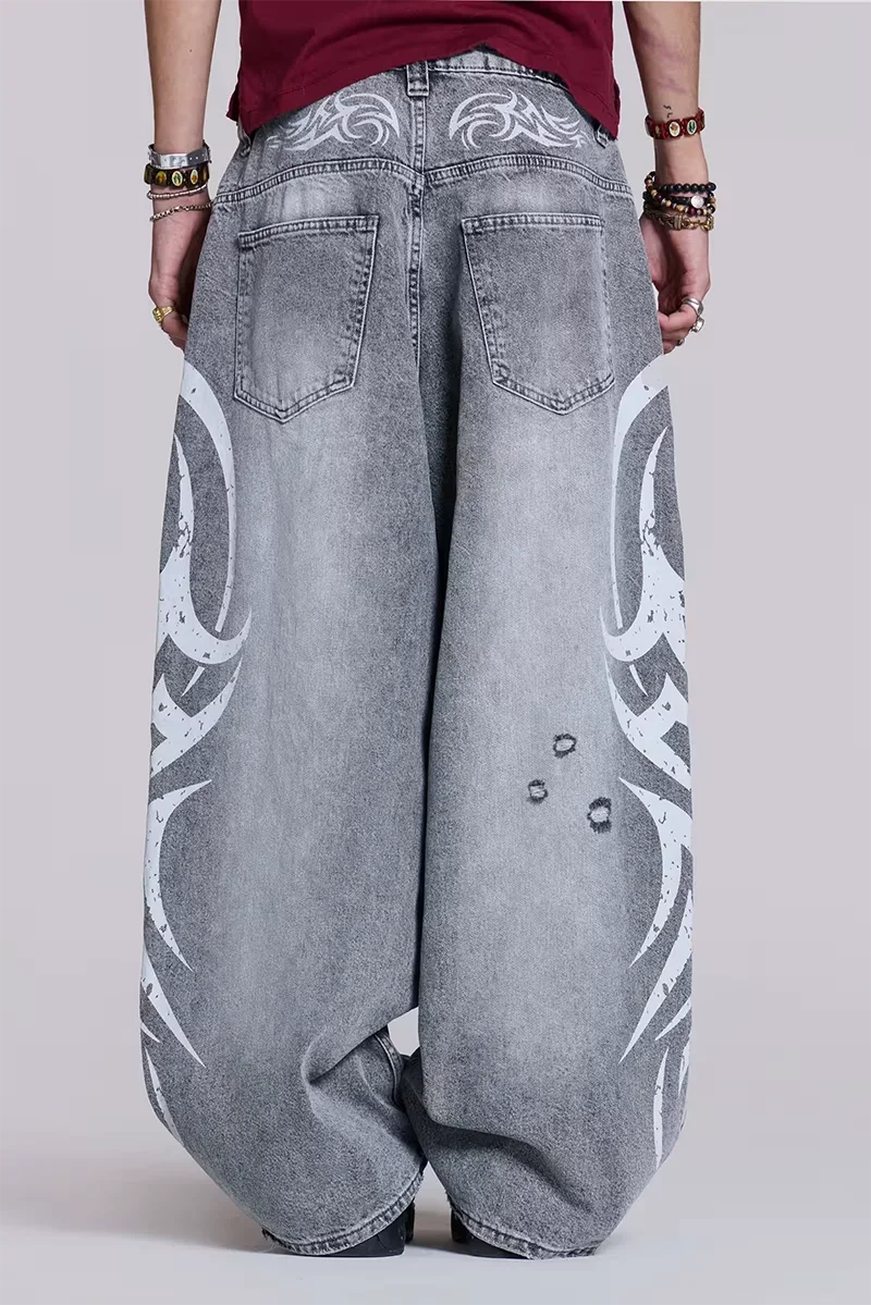 Streetwear Y2K Fashion Oversized Printed Washed Holes Baggy Jeans Men Harajuku Hip Hop Vintag Gothic High Waist Wide-leg Pants 1