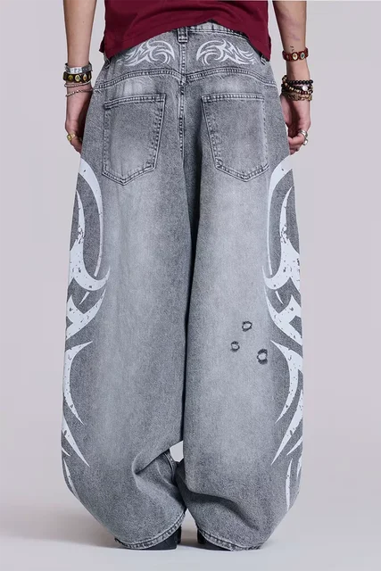 Streetwear Y2K Fashion Oversized Printed Washed Holes Baggy Jeans Men Harajuku Hip Hop Vintag Gothic High Waist Wide-leg Pants 1