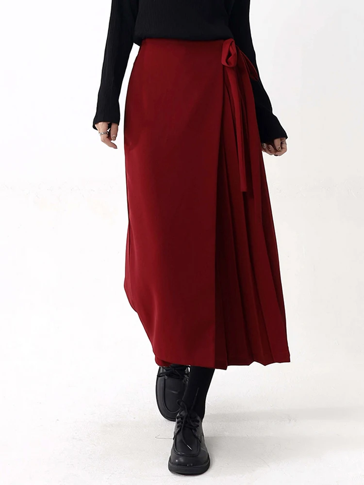 [EAM] High Elastic Waist Red Pleated Bandage Elegant Wide Leg Pants New Trousers Women Fashion Tide Spring Autumn 2026 1DH9565
