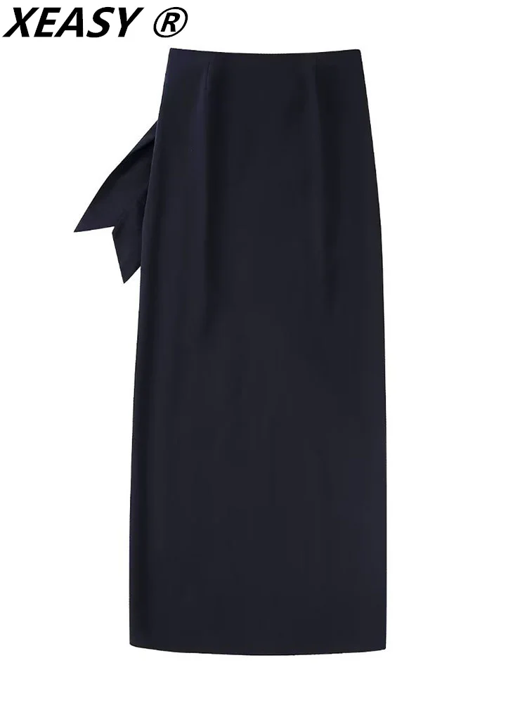 

XEASY Black Skirts Woman Fashion 2022 High-Waisted Skirt Midi Vintage Woman Clothes Slit Skirt Bow
