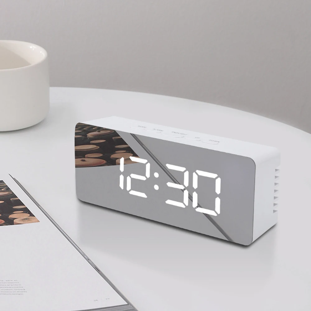 Digital Clock USB Power LED Mirror Table Temperature Display Night Mode Bedroom Bedside Alarm 12/24H