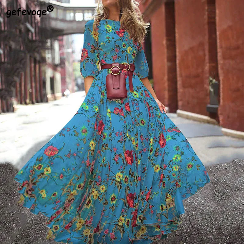 

Fashion Elegant Round Neck Floral Bohemian Women's Chiffon Dress Summer New Sweet Printed Holiday Big Hem Floor Dresses Lady