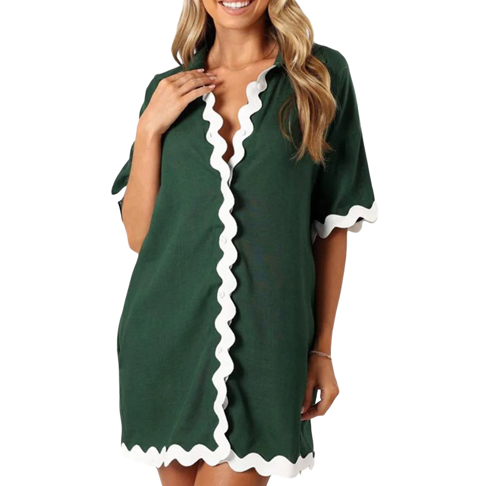 

Women's Summer Shirt Dress Contrast Trim Ric Rac Short Sleeve Turn-Down Collar Loose Dress