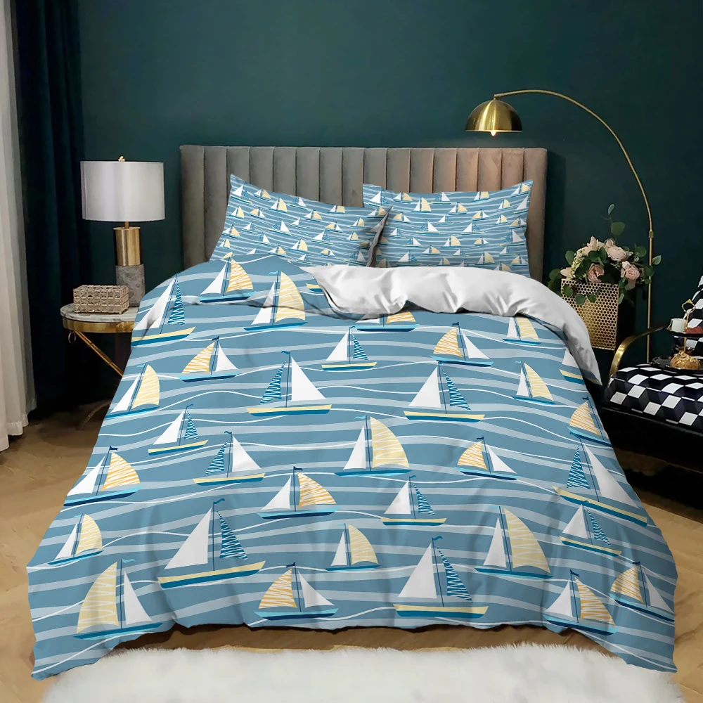 Nautical Boat Sail Sea Blue Duvet Cover Bedding Set Comforter Linen Pillowcases For Kids Adults Single Double King Queen