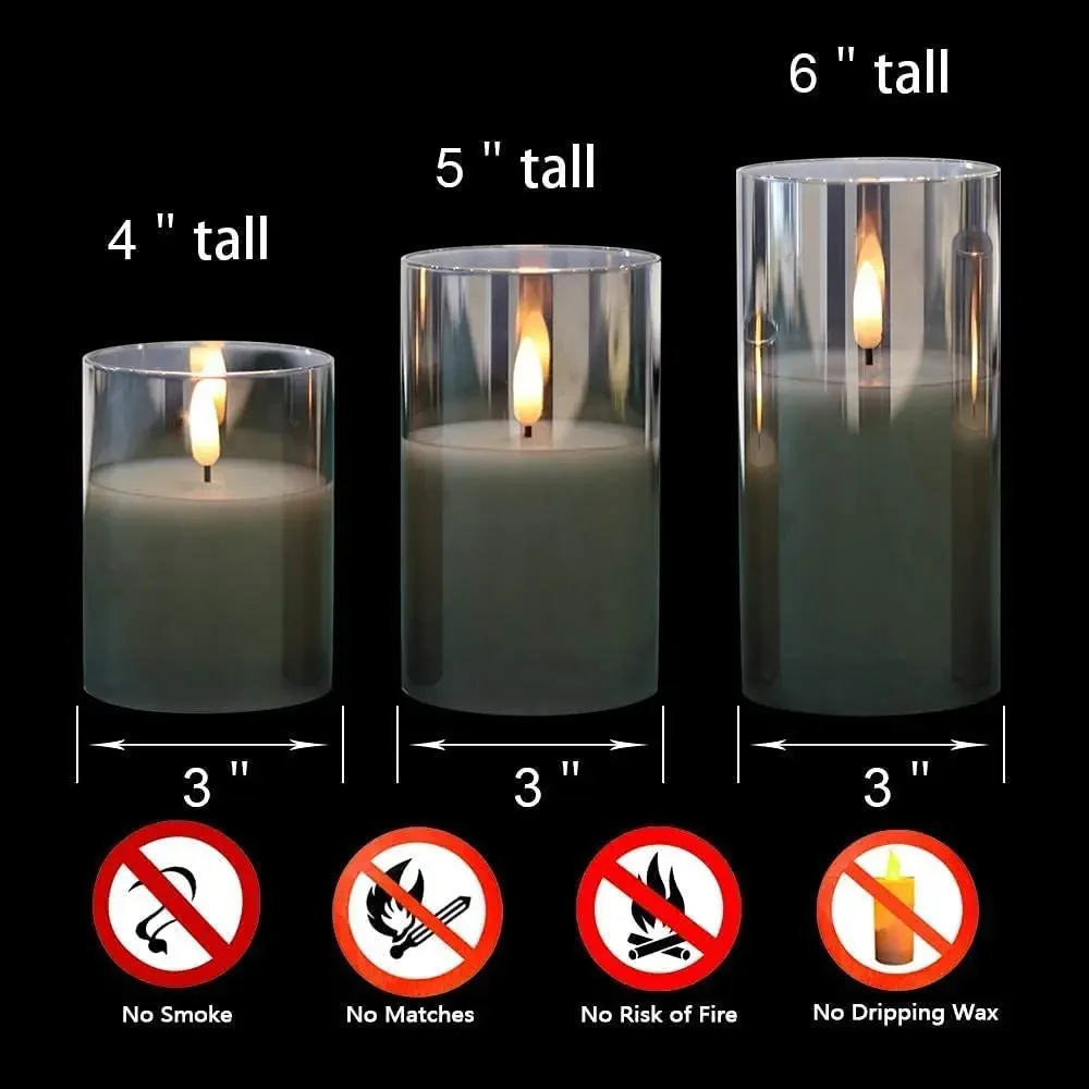 3Pcs LED Candle Light Golden Gray Candle Cylindrical Glass Flashing Warm Light Electronic Remote Control Gift Set