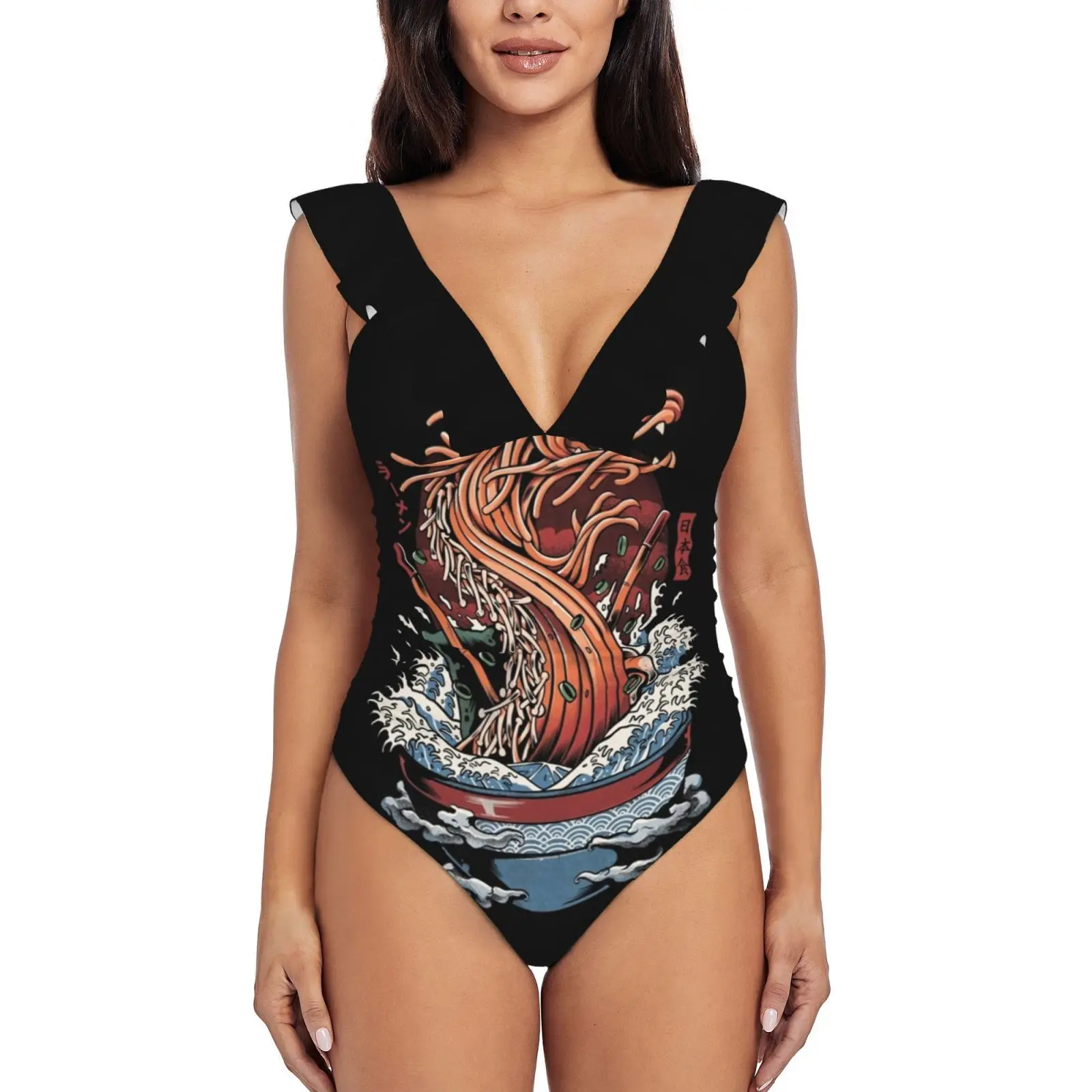 

Ramen Dragon Ruffled One-Piece Swimsuit Women Sexy Monokini Swimwear New Beach Bathing Suits Food Great Wave Off Kanagawa Great