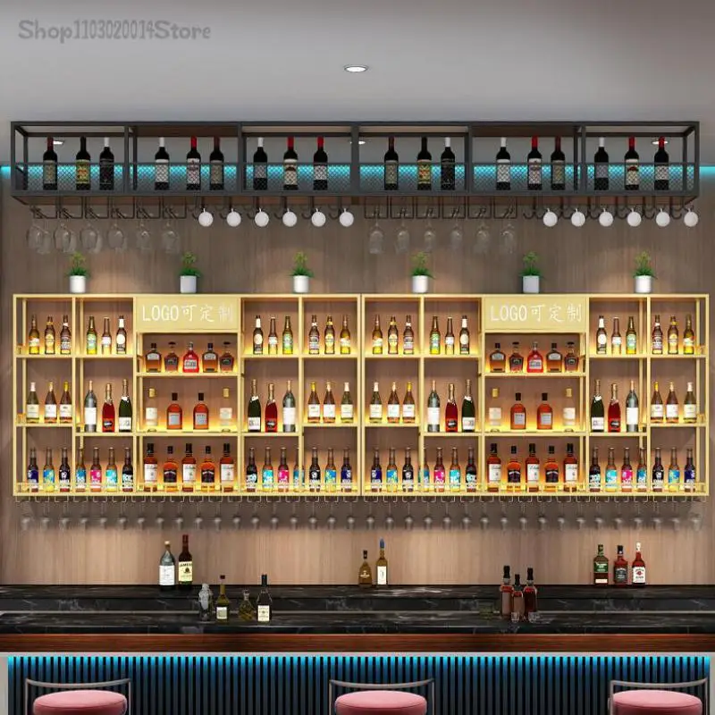 Shop Wall-mounted Red Wine Shelf Simple Bar Counter Wall-mounted Wine Cabinet Display Cabinet Iron Art Luminous Rack