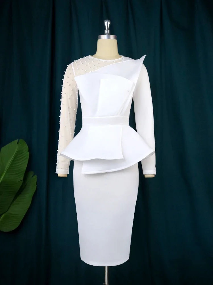 Fleepmart Bodycon Dress Solid Color O-Neck Beaded Long Sleeve High Waist Peplum Womens Queue Cocktail Venue Evening Dress 2024 New