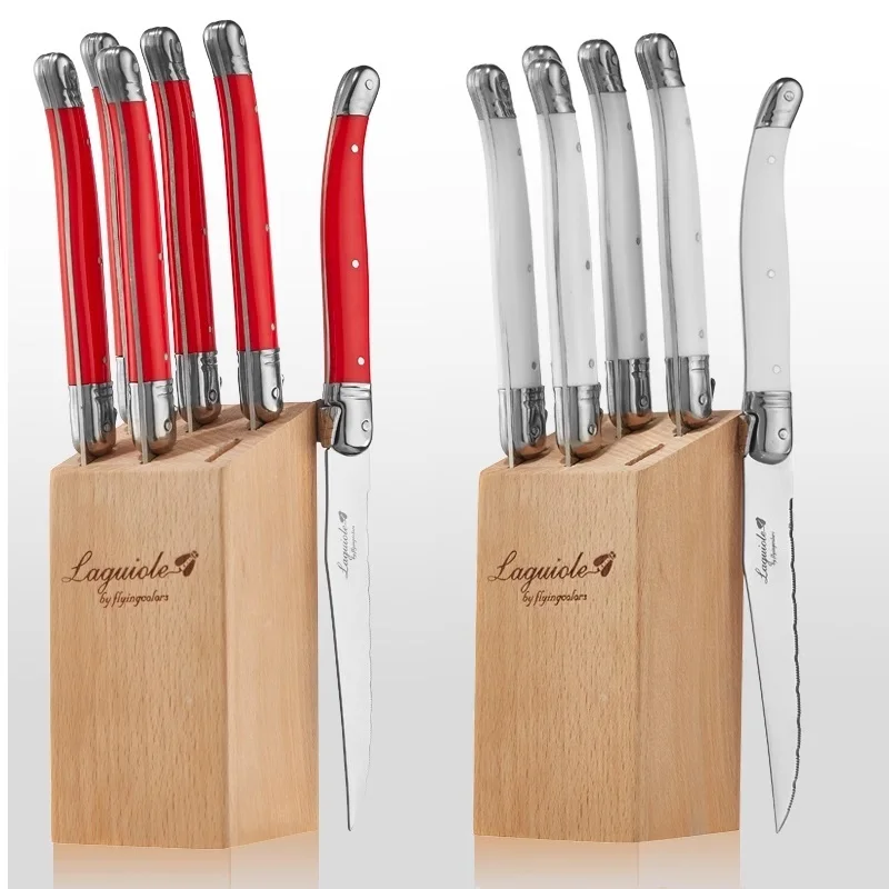 French Home 8 Piece Laguiole Kitchen Knife Set with Wood Block, Rainbow Colors