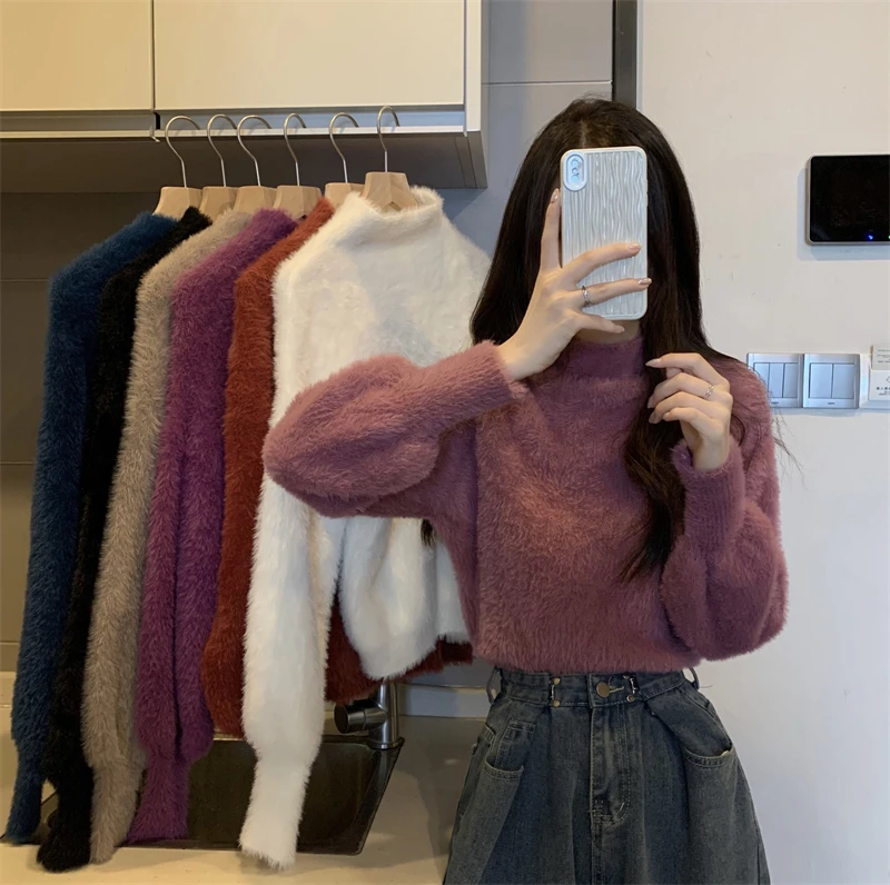 

Half turtleneck lazy sweater female new autumn and winter design sense of small soft waxy knit body versatile clothes