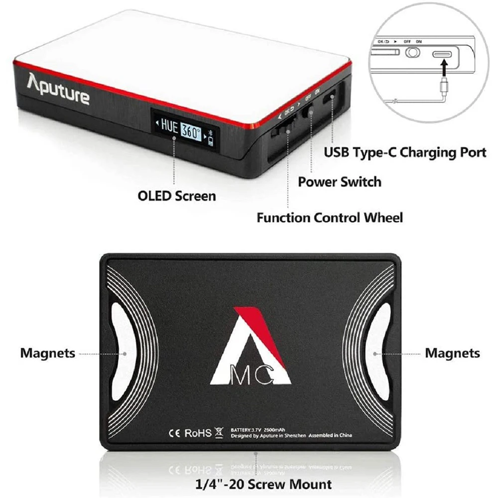 Aputure MC AL-MC RGBWW LED Lights 3200K-6500K Photography Lighting CCT Control AL-MC Mini RGB Light Video Lamp Sidus Link App 3