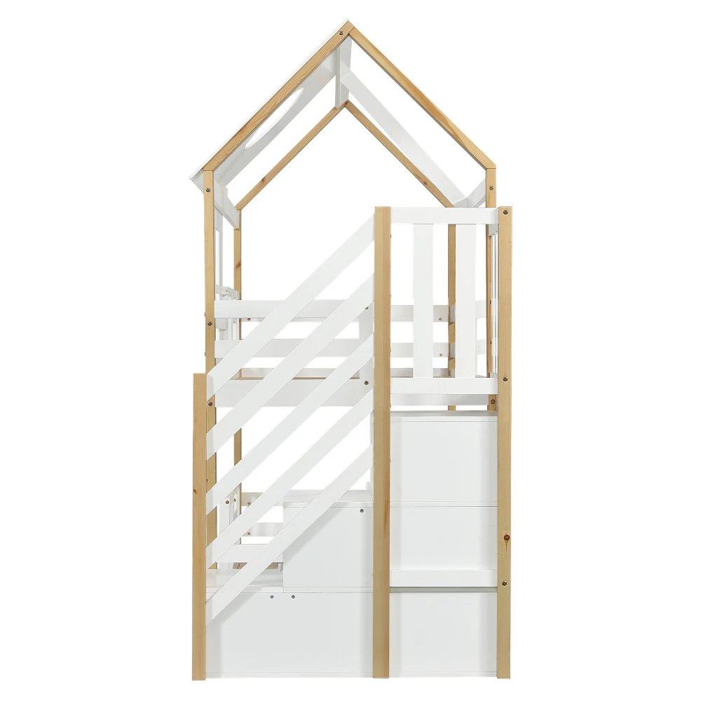 PINGGO Weißes Naturholz-Etagenbett 90x200cm mit Stauraum-Treppe Hausbett-Design Fallschirmgitterfenster Kiefer MDF Ohne Matratze – Detail 15