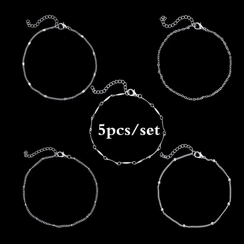 Silver Anklet Bracelet Ankle Chains Bead Bracelet Beads Anklet Fashion Accessories 5Pcs/Set Ankle Bracelet Anklet Multi-layer Bead Chain Simple Beach Set Ankle Foot Chain for Girls Jewelry