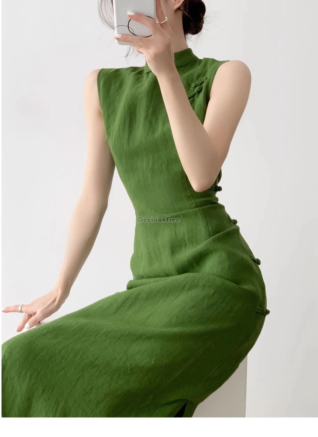 Chinese Dress Vintage Qipao Sleeveless Waist Cinching Slit
