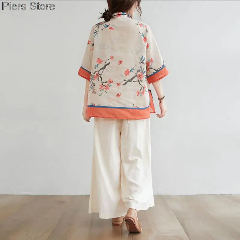 Spring Women Chinese Traditional Style Tops Cotton Linen Loose Blouses Cheongsam Female Vintage Buckle Hanfu Shirts Tang Suits