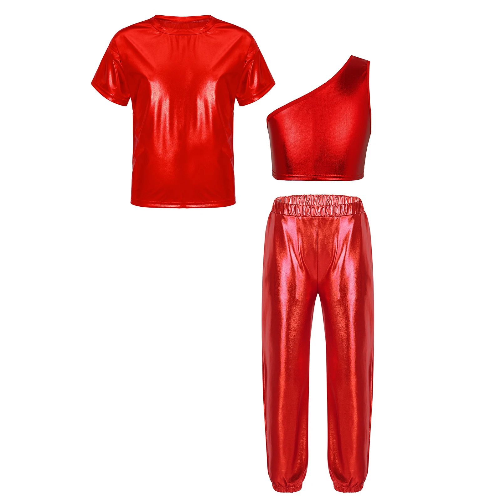 TiaoBug Kids Girls 6 to 16 Years Sequins Crop Vest with Short Sleeve T-shirt and Pants for Jazz Dance Cheerleading Performance