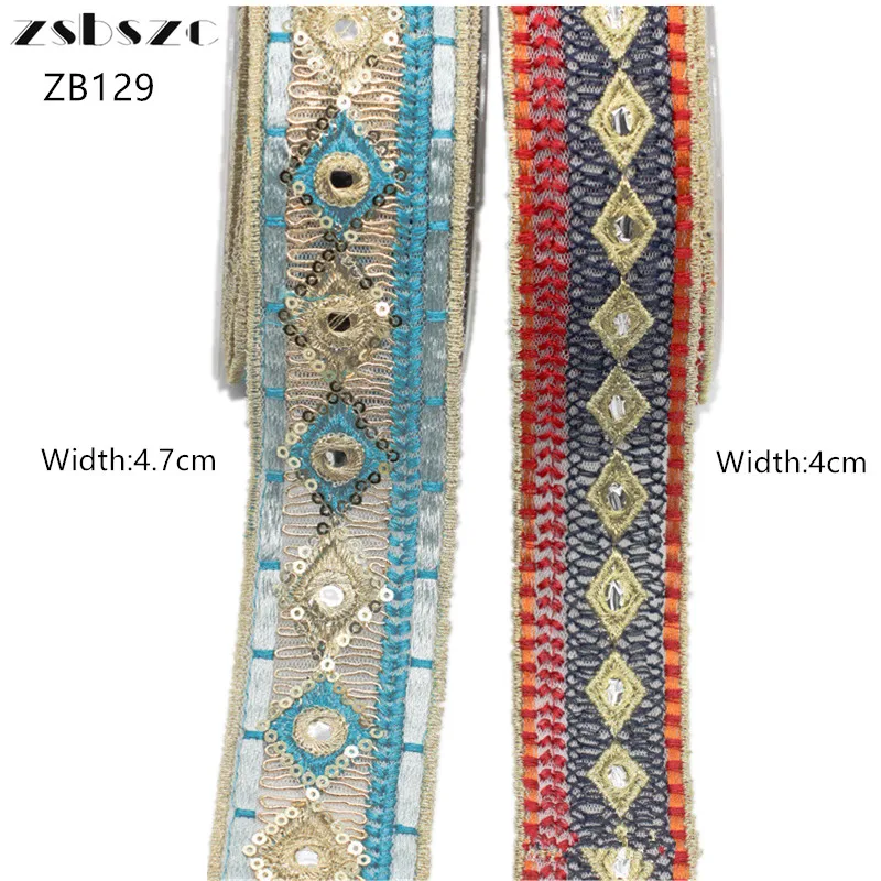 Zsbszc-새로운 에스닉 스타일 스팽글 다이아몬드 자수 레이스, 4cm, 4.7cm, 10 야드, 여러 가지 빛깔의 스레드 의류 액세서리, DIY 리본 ZB129