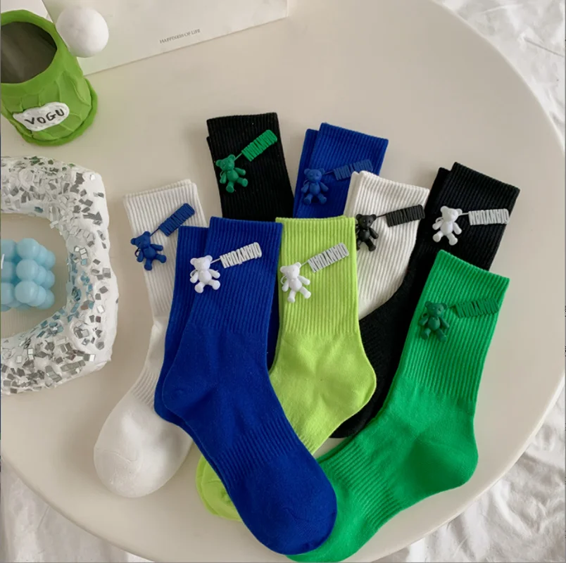 Black and White Pure Color Tube Socks Female Pin Bear Lovely Personality Tide Socks INS Korean Students Long Tube Cotton Socks