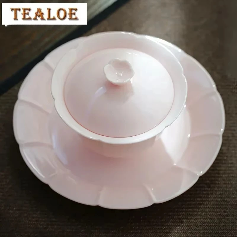 150ml Boutique Pink Ceramic Sancai GaiWan Tea Cup Handmade Single Colored Glaze Petal Tea Bowl Household Kungfu Teaset Drinkware