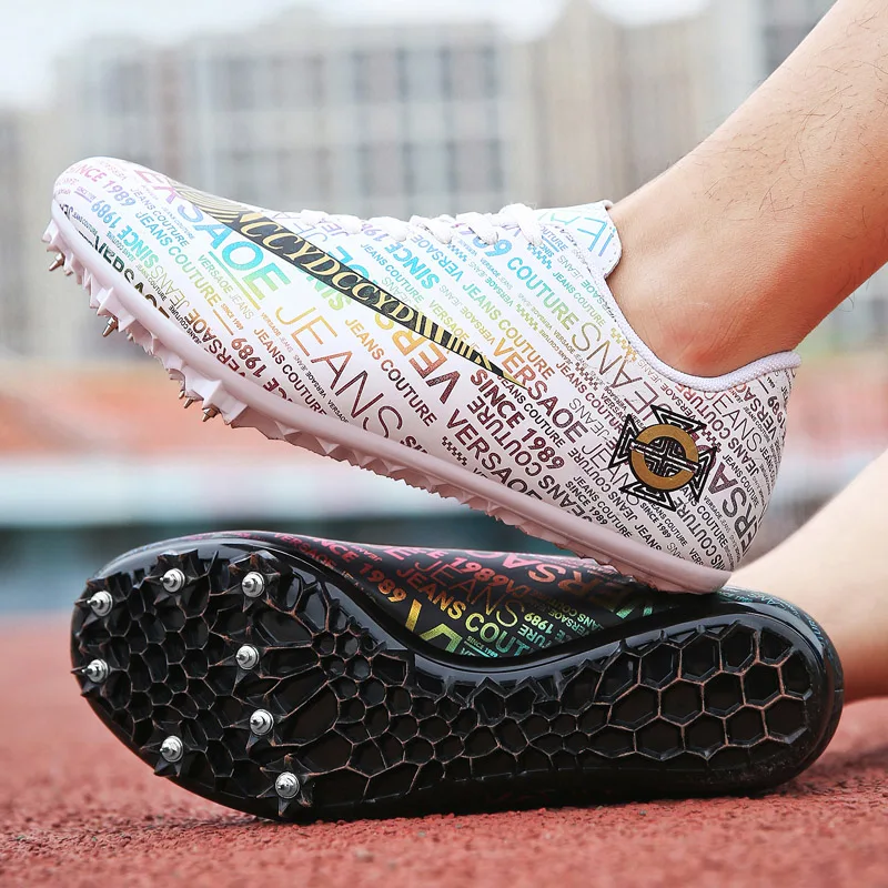 Men Kids Track Field Training Spikes Shoes Women Athlete Running Nail Newspaper Graffiti Shoes Mens Spike Racing Sneakers