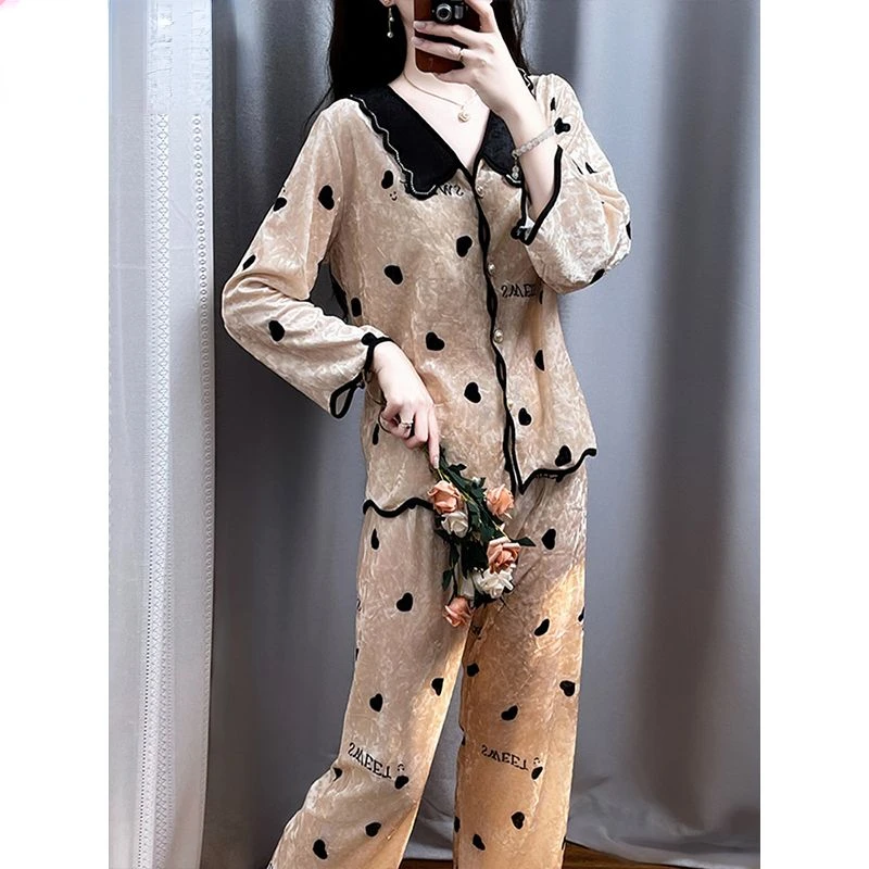Luxury Designer Clothing Sleepwear Women Pajama Sets Lace Kawaii Clothing Korean Chic Long Sleeve Pants Homewear Sets Pijama
