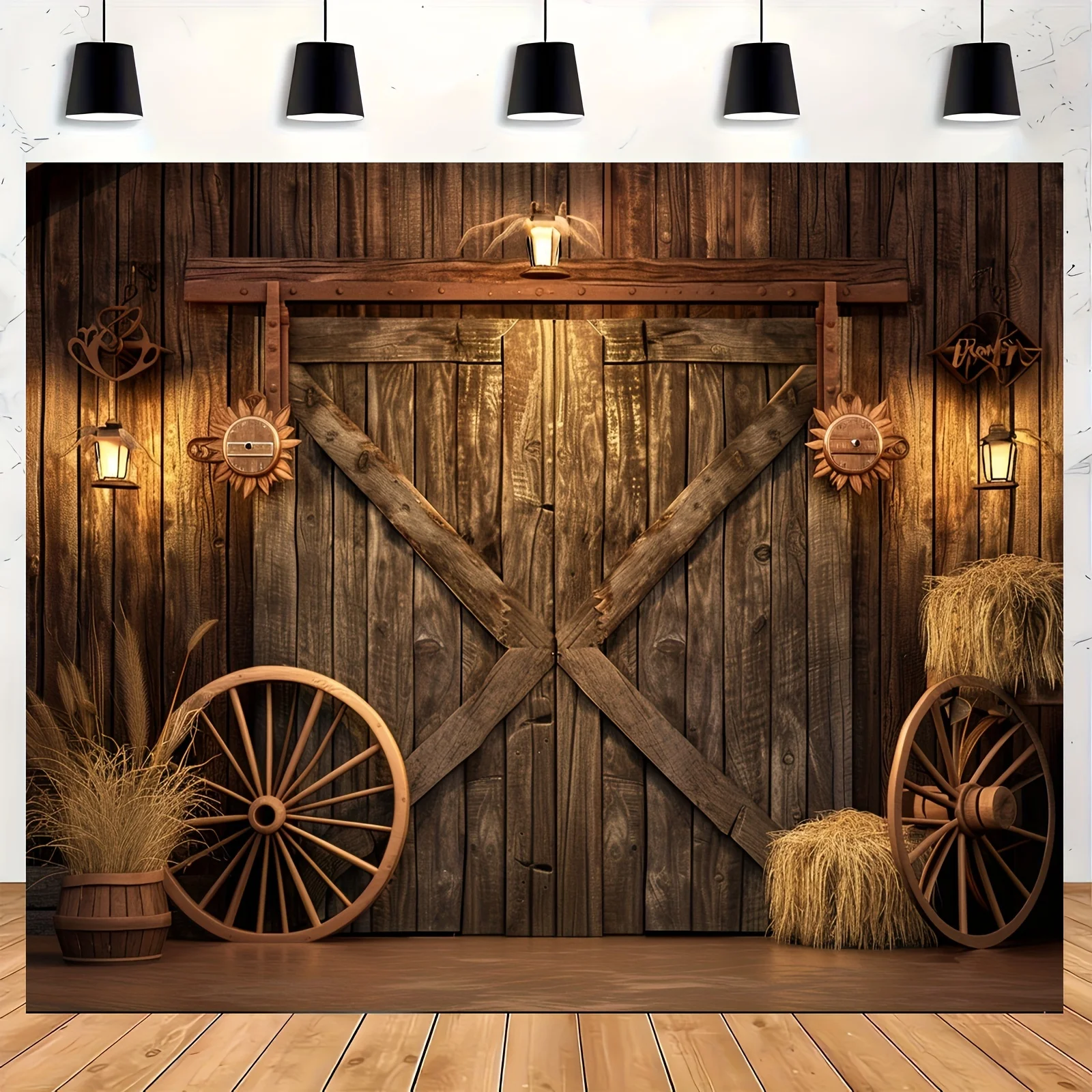 Polyesterhintergrund mit Western-Cowboy-Motiv – Vintage-Hintergrund mit Flügeltür und Holzkamin-Designs, Party- und Geburtstagsdekorationen – Detail 1