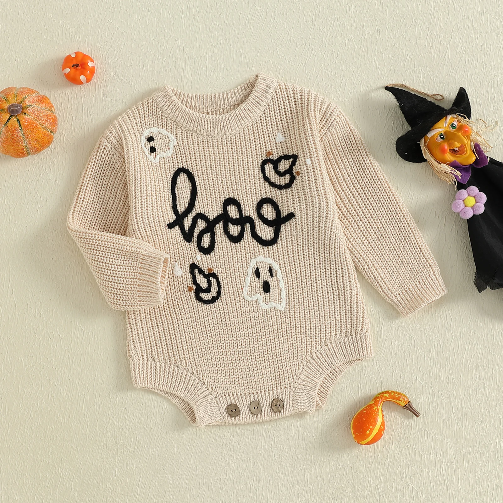 FOCUSNORM 0-12M 소년 소녀 할로윈 스웨터 Romper 5 색 유령 편지 수 놓은 Crewneck 긴 소매 점프 슈트