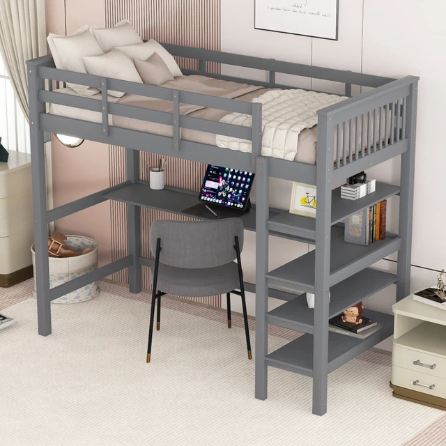 Cama elevada para niños, 90x200, con casillero y escritorio debajo de la  cama, blanco - AliExpress