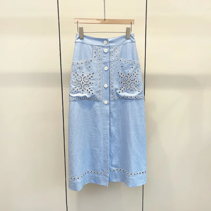 

Sky Blue High Waist Half length Skirt Lady Hollow Flower Fashion French 2024 New Summer Women's Clothing