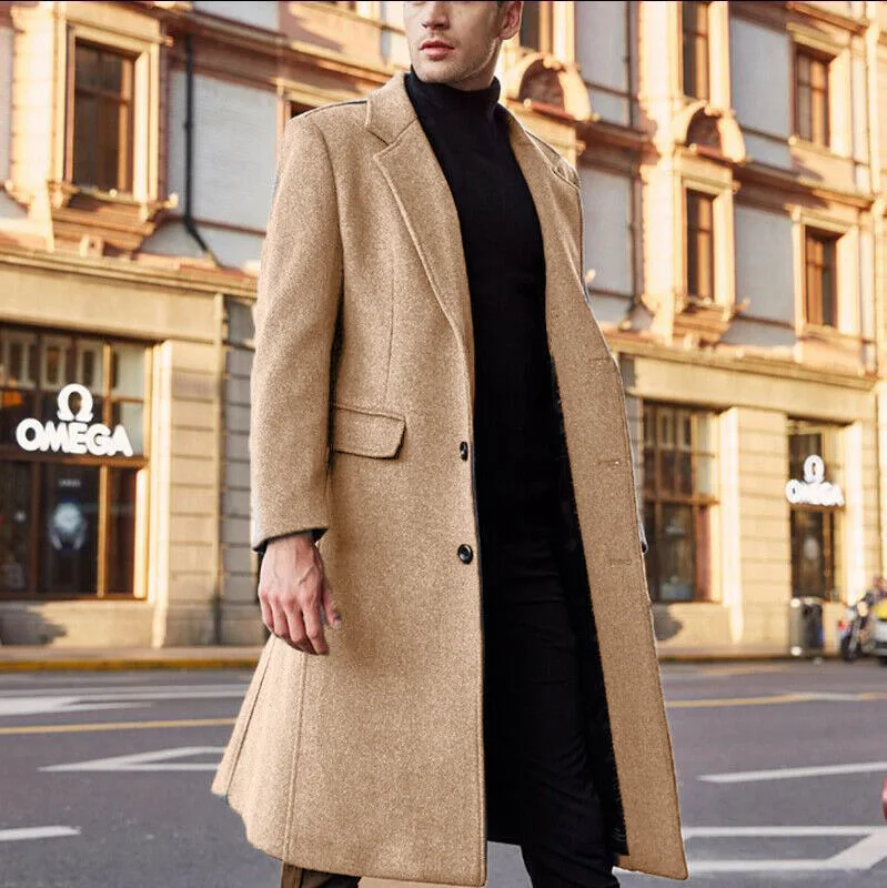Fashion Long Trench Outerwear Winter Solid Long Sleeve Woolen Men Overcoat Streetwear Elegant Coat Autumn Mens Jacket Fleece