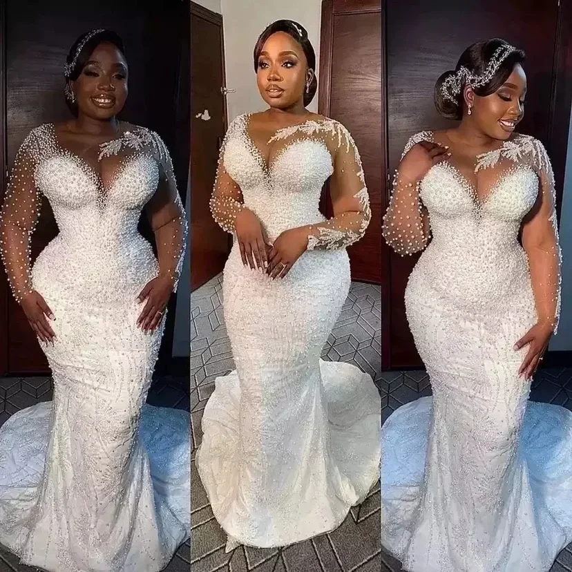 Arabic White Mermaid Wedding Dresses pearls Deep V Neck Long Sleeve shiny Lace Appliques Bridal Gows Detachable Train Customized 2
