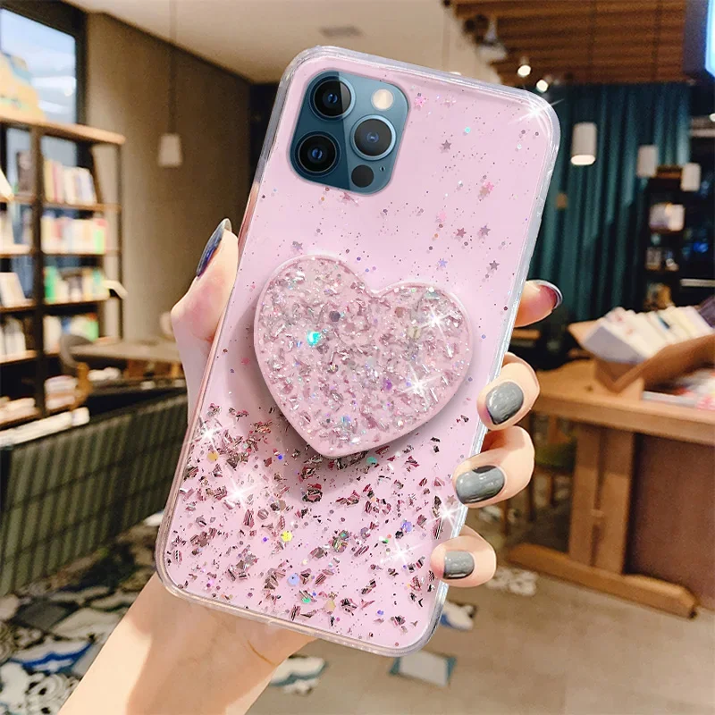 Sparkling Glitter Heart Love Phone Holder Silicone Case